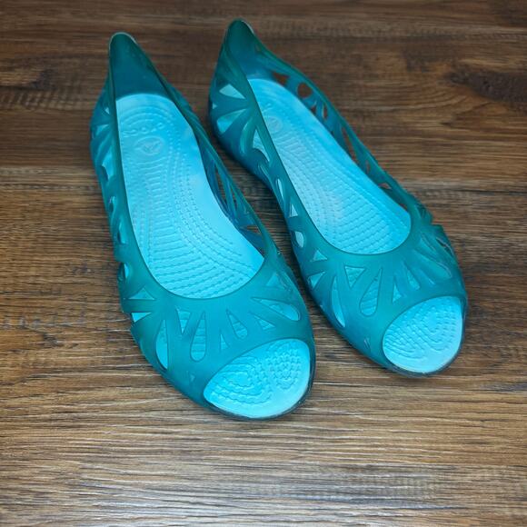Crocs Women’s Adrina Green Teal Rubber Jelly Flat Size 6 peep toe - Picture 1 of 8